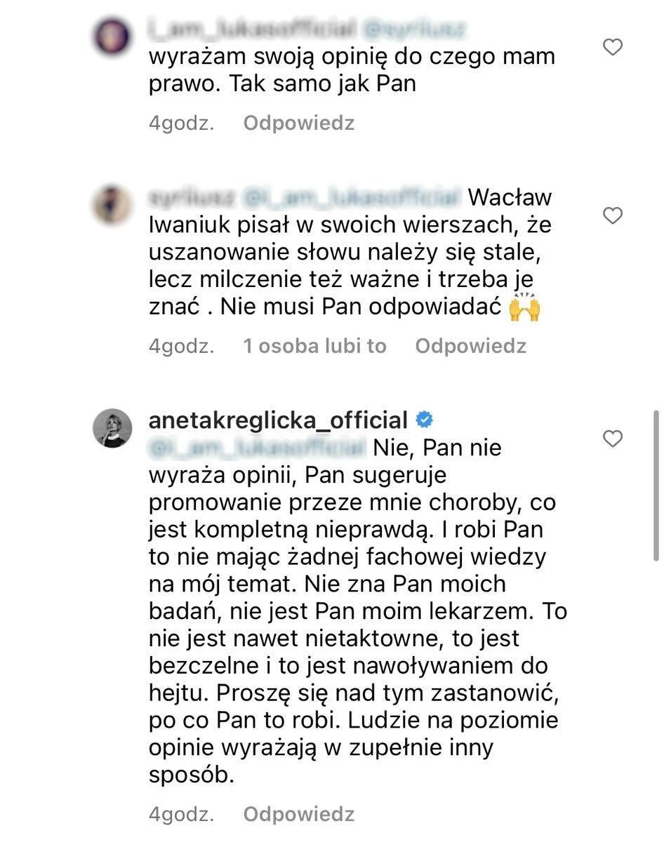 Aneta Kręglicka dyskutuje z wytykającym jej zbyt szczupłą sylwetkę internautą
