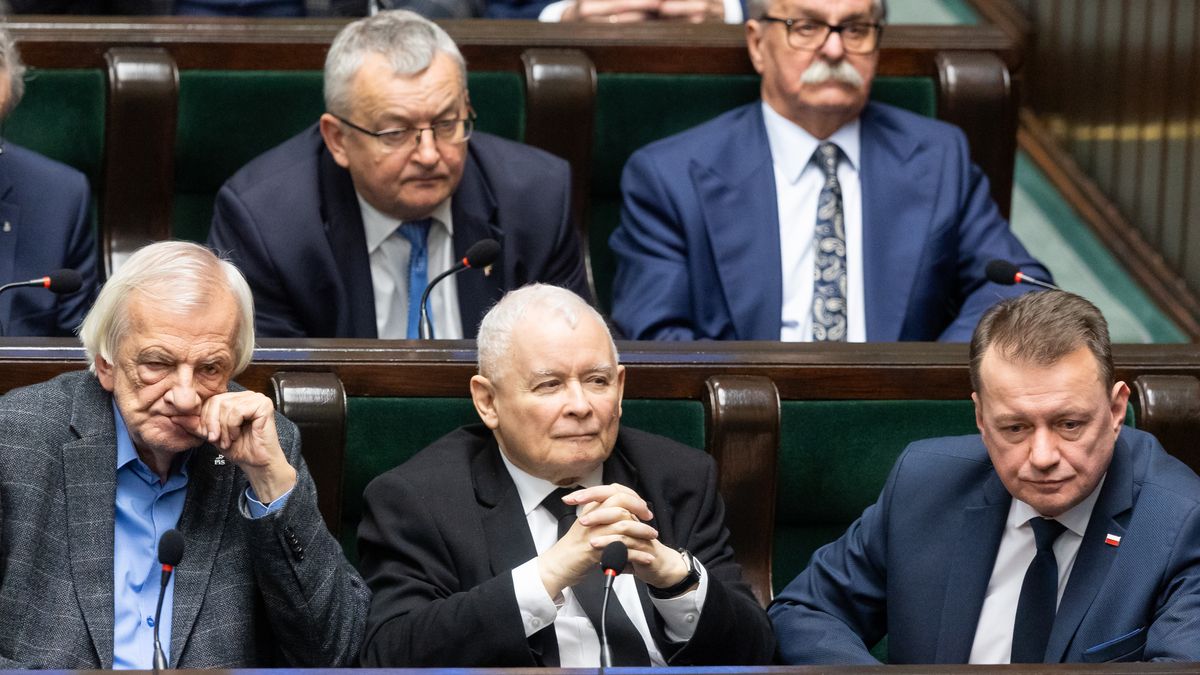 Jaroslaw Kaczynski is participating in the parliamentary debate on the appointment of Donald Tusk's government in Warsaw, Poland, on December 12, 2023. (Photo by Foto Olimpik/NurPhoto via Getty Images)