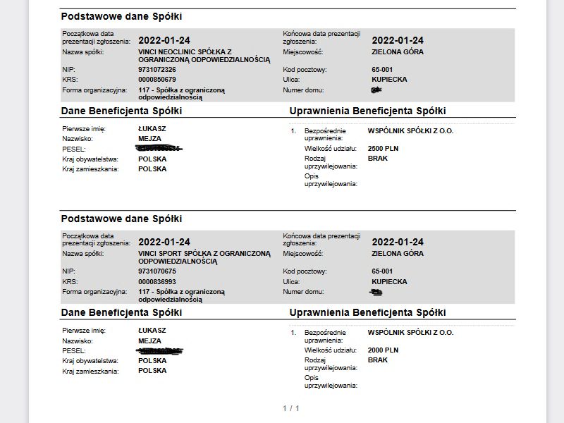 Według podlegającemu pod Ministerstwo Finansów Rejestru Beneficjentów Rzeczywistych, Mejza nadal jest wspólnikiem dwóch spółek z ograniczoną odpowiedzialnością: w Vinci Sport i Vinci NeoClinic (Fot. podatki.gov.pl)
