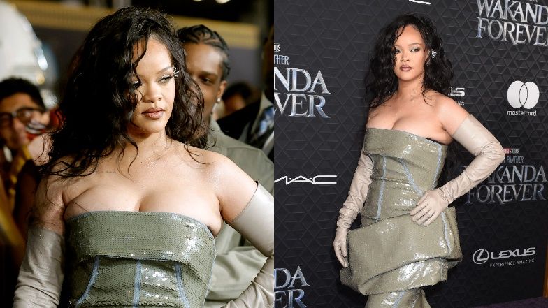 Cekinowa Rihanna w obcisłej sukni eksponuje dekolt na premierze (ZDJĘCIA)