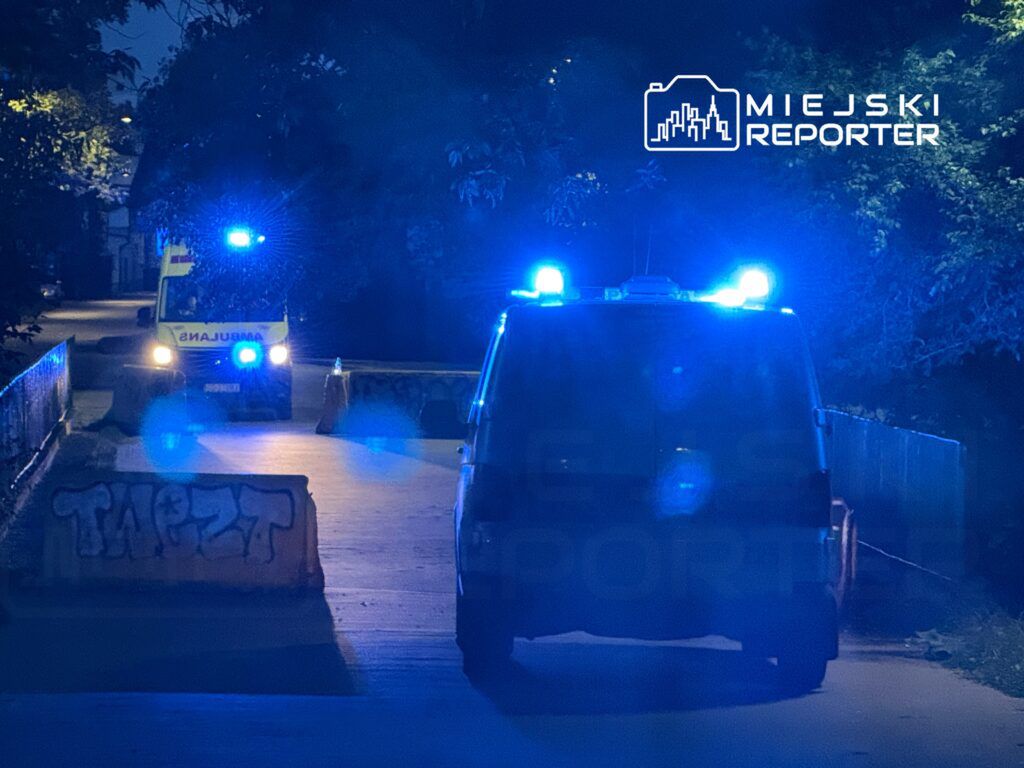 Na wąskiej, oświetlonej niebieskimi światłami drodze stoją dwa pojazdy ratunkowe.