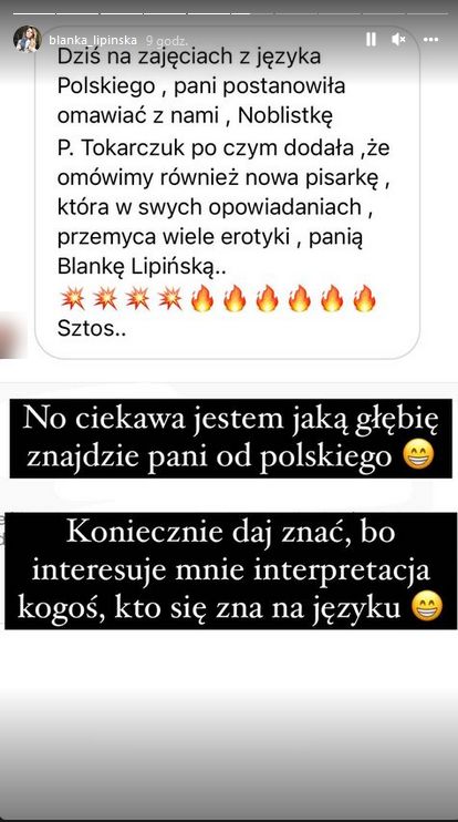 Blanka Lipińska chwali się, że polonistka zestawiła jej "dzieła" z twórczością Olgi Tokarczuk