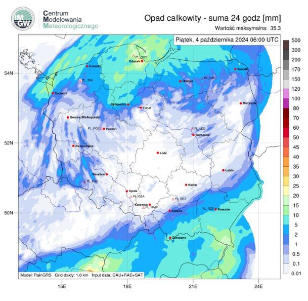  Suma opadów w Polsce z ostatnich 24 godzin, stan na piątek o godzinie 6.00