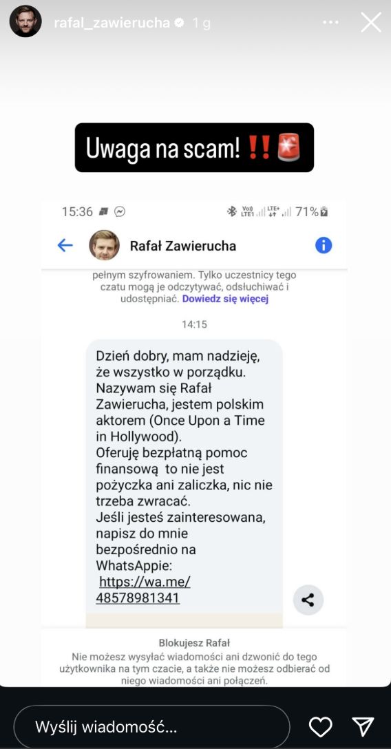 Rafał Zawierucha przestrzega przed oszustwem