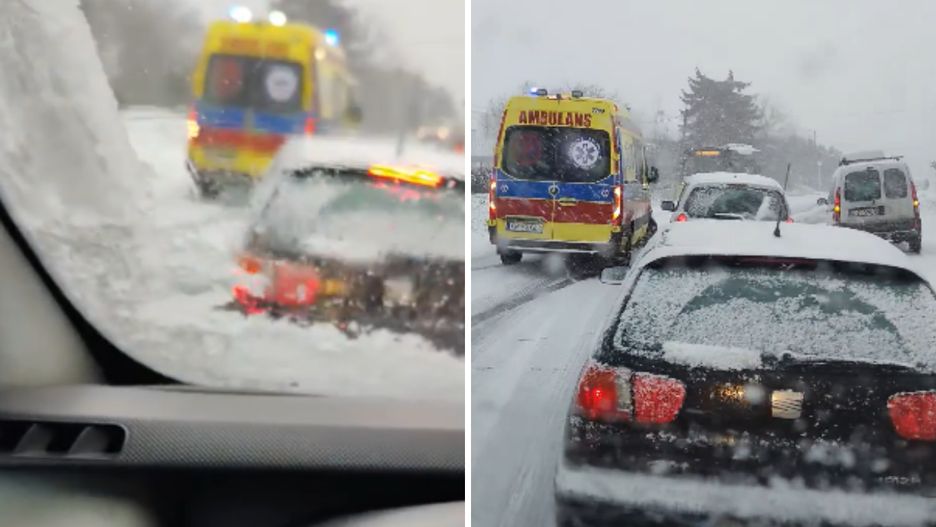 Karetka utknęła na śliskiej drodze