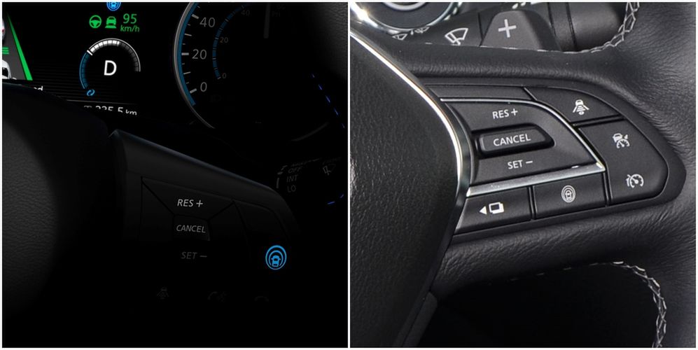 Po lewej stronie przycisk do uruchamiania "nowej" funkcji w Nissanie Leaf - po prawej do włączania starej w Infiniti Q60.
