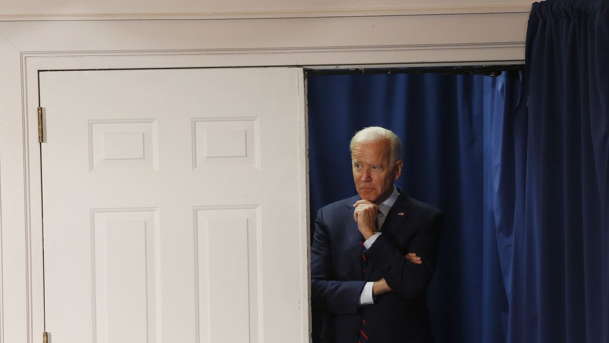 ROCHESTER, NH - OCTOBER 9: Former U.S. Vice President and current presidential candidate Joe Biden stands backstage and listens as he is introduced during a Town Hall in Rochester, NH on Oct. 9, 2019. (Photo by Jessica Rinaldi/The Boston Globe via Getty Images)