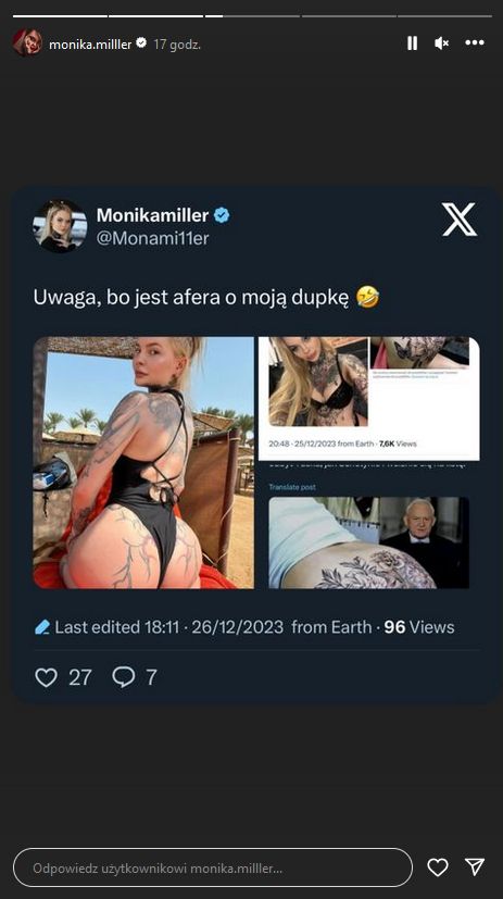 Monika Miller reaguje na wpis dotyczący tatuaży na pośladkach