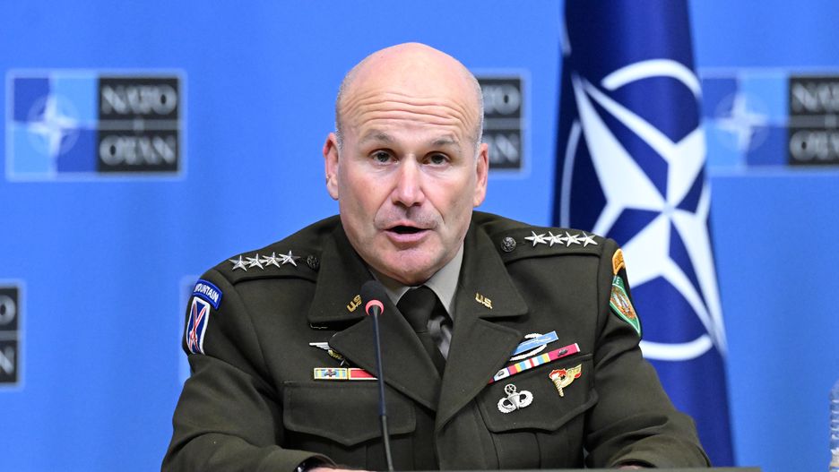 BRUSSELS, BELGIUM - JANUARY 18: Supreme Allied Commander Europe (SACEUR) Gen. Christopher Cavoli, Chair of the North Atlantic Treaty Organization (NATO) Military Committee Rob Bauer (not seen) and NATO Deputy Supreme Allied Commander Transformation Gen. Chris Badia (not seen) hold a joint press conference as they attend NATO Military Chiefs of Defence meeting in Brussels, Belgium on January 18, 2024. (Photo by Dursun Aydemir/Anadolu via Getty Images)