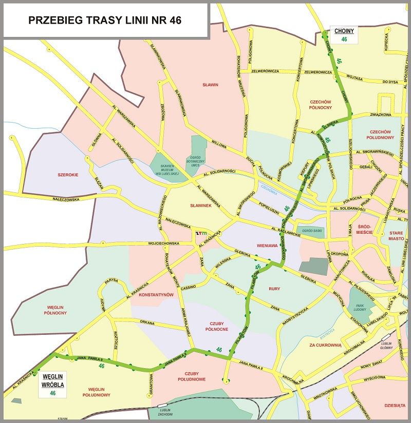 Mapa trasy nowej linii autobusowej 46
