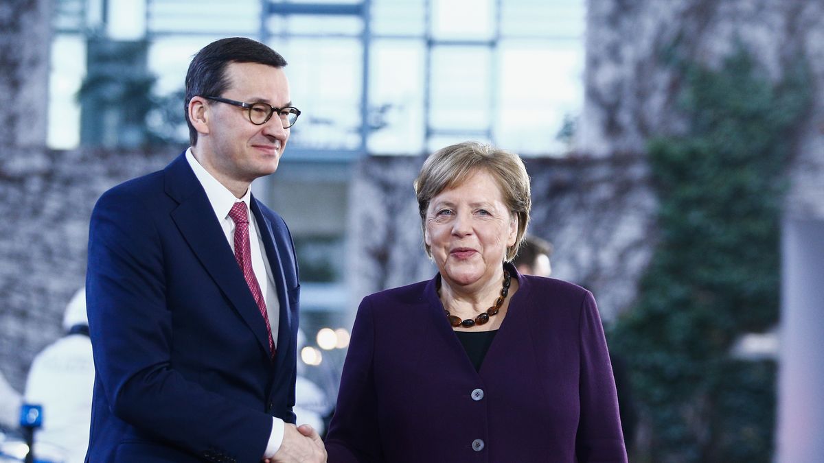 BERLIN, GERMANY - JANUARY 28: German Chancellor Angela Merkel (R) meets Polish Prime Minister Mateusz Morawiecki (L) in Berlin, Germany on January 28, 2020. (Photo by Abdulhamid Hosbas/Anadolu Agency via Getty Images)