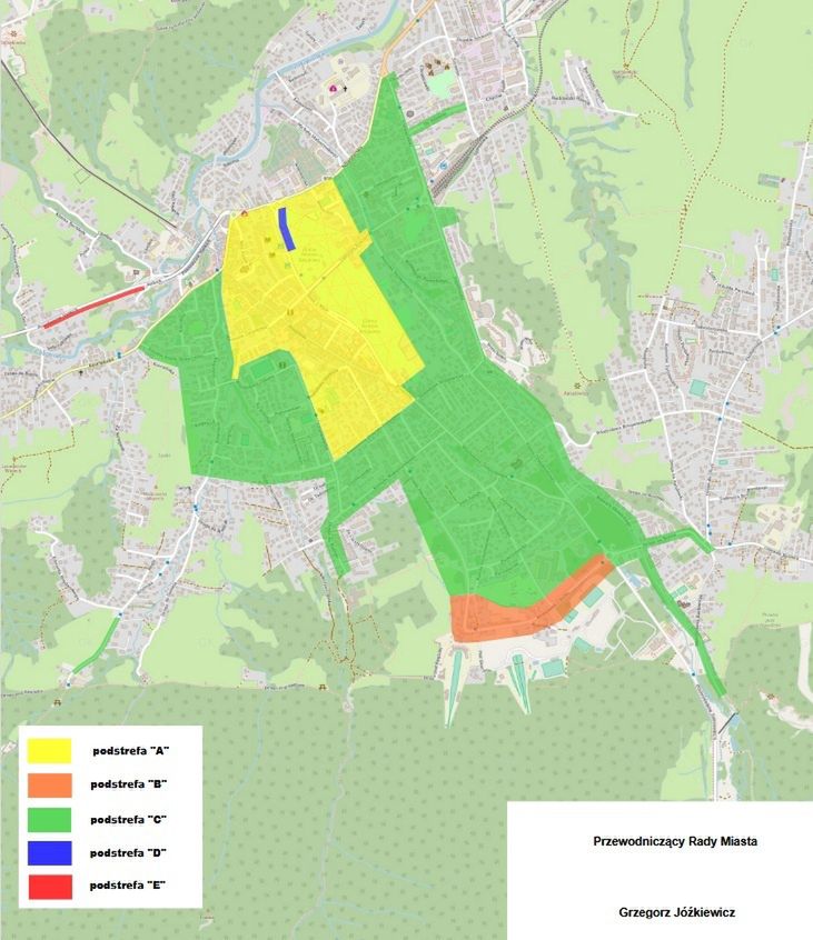 Mapa podstref Śródmiejskiej Strefy Płatnego Parkowania Zakopane