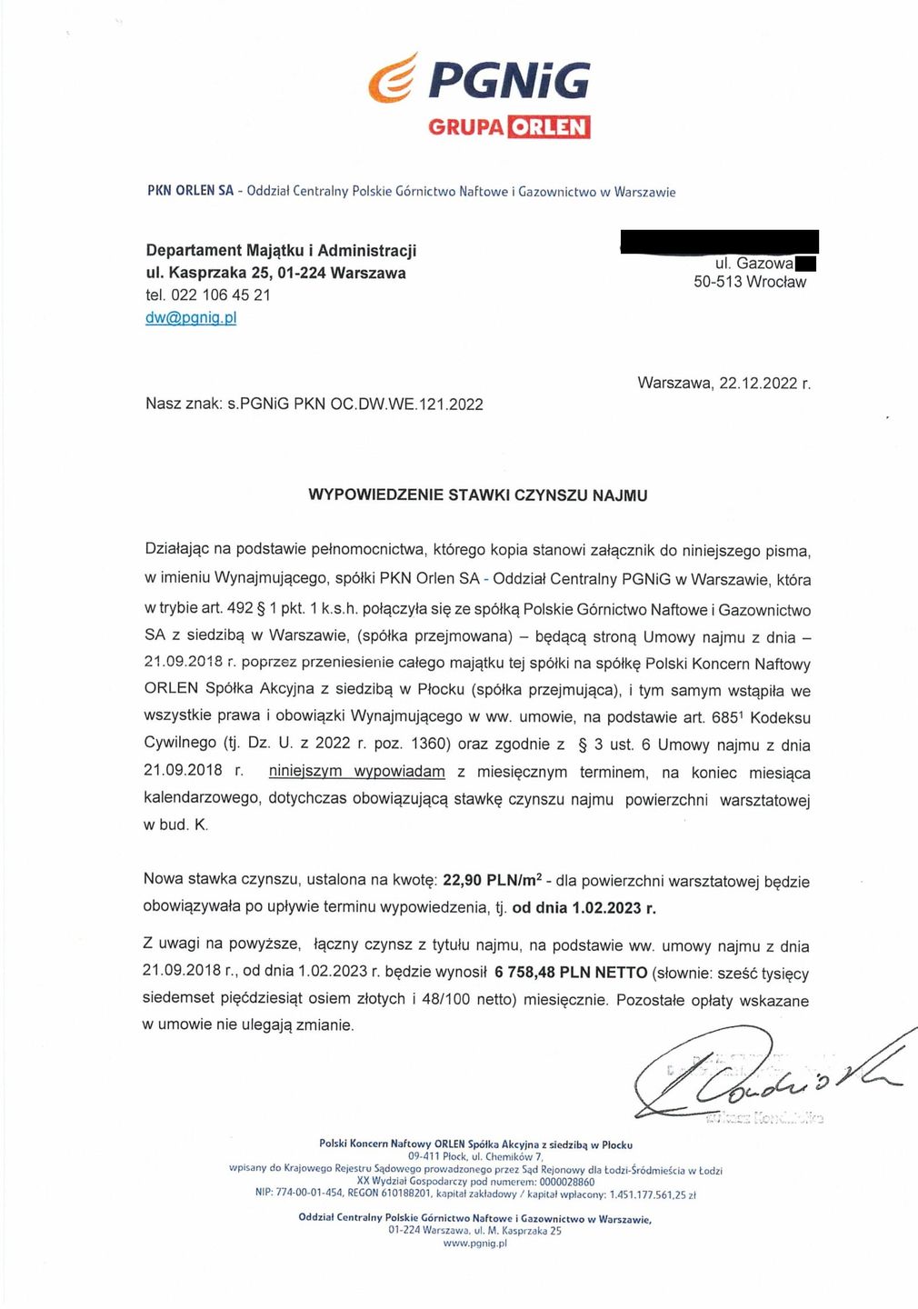 Pismo z należącej do PKN Orlen spółki PGNiG, które zawiadamia o podwyżce czynszu dla przedsiębiorców z Wrocławia