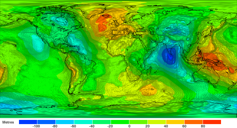 Mapa ziemskiego pola grawitacyjnego - objaśnienia w tekście (GOCE)