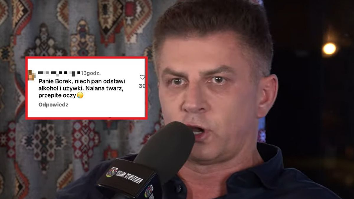 Na zdjęciu Mateusz Borek. W ramce krytyczny komentarz na temat dziennikarza