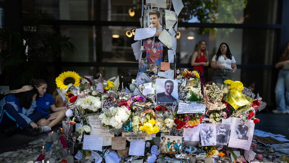 BUENOS AIRES, ARGENTINA - 2024/10/18: Altar is erected by Liam Payne's fans at the door of the Casa Sur Hotel in the Palermo neighborhood as a tribute. Geoff Payne, Liam's father, arrives at the Casa Sur hotel in the Palermo neighborhood where his son died, after having been at the morgue to identify the body. Fans set up an altar at the door of the hotel where the young 31-year-old musician was staying to pay tribute to him. (Photo by Rosana Alvarez Mullner/SOPA Images/LightRocket via Getty Images)