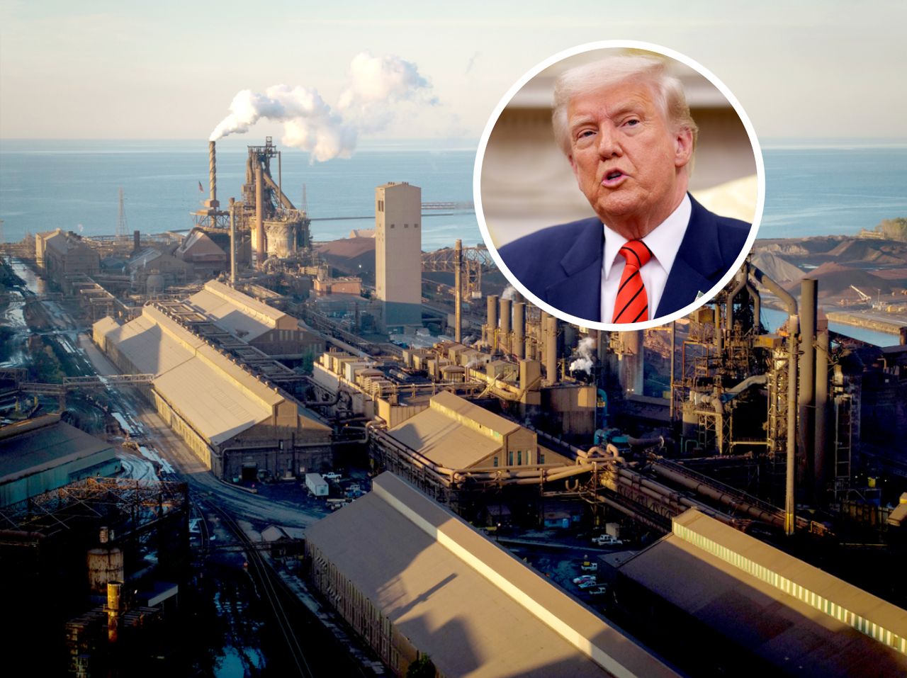 The photo shows the U.S. Steel plant in Gary and Donald Trump, who stated in January that he would not mind if the Japanese acquired a minority stake in the company.