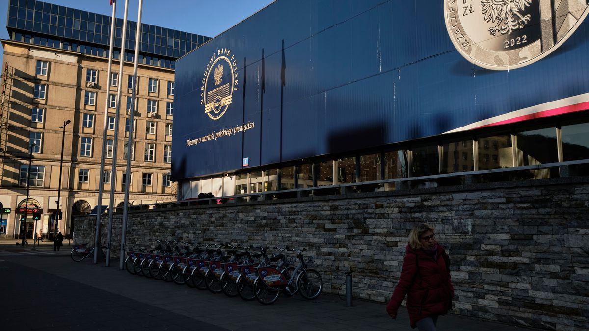 Signage for Poland's central bank, also known as Narodowy Bank Polski (NBP), in Warsaw, Poland, on Monday, Feb. 28, 2022. Polands prime minister warned that Russia may attempt to block the more than 300-mile border it shares with Ukraine, where tens of thousands of people have been fleeing the war. Photographer: Bartek Sadowski/Bloomberg via Getty Images