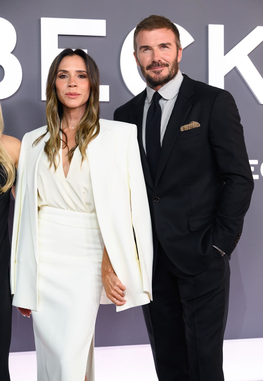 LONDON, ENGLAND - OCTOBER 08: Victoria Beckham and David Beckham attend the "Victoria Beckham" World Premiere at the Curzon Mayfair on October 08, 2025 in London, England. (Photo by Karwai Tang/WireImage)