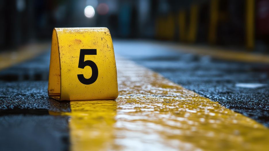 Evidence marker signifies important clue at accident location, suggesting danger and intrigue. Wet street, crime scene.evidence marker, number five, crime scene, investigation, yellow marker, forensic science, police, street, asphalt, road, case, criminal, mystery, accident, danger, accident, wet, yellow line, numbered, marker, sign, safety, caution, security, law, justice, evidence, clue, scene, detection, photography, macro, focus, detail, background, blur, mystery, concept, close-up, geometric, design, graphic, symbol, pattern, texture, evidence marker, number five, crime scene, investigation, yellow marker, forensic science, police, street, asphalt, road, case, criminal, mystery, accident, danger, wet, yellow line, numbered, marker, sign, safety, caution, security, law, justice, evidence, clue, scene, detection, photography, macro, focus, detail, background, blur, concept, close-up, geometric, design, graphic, symbol, pattern, texture