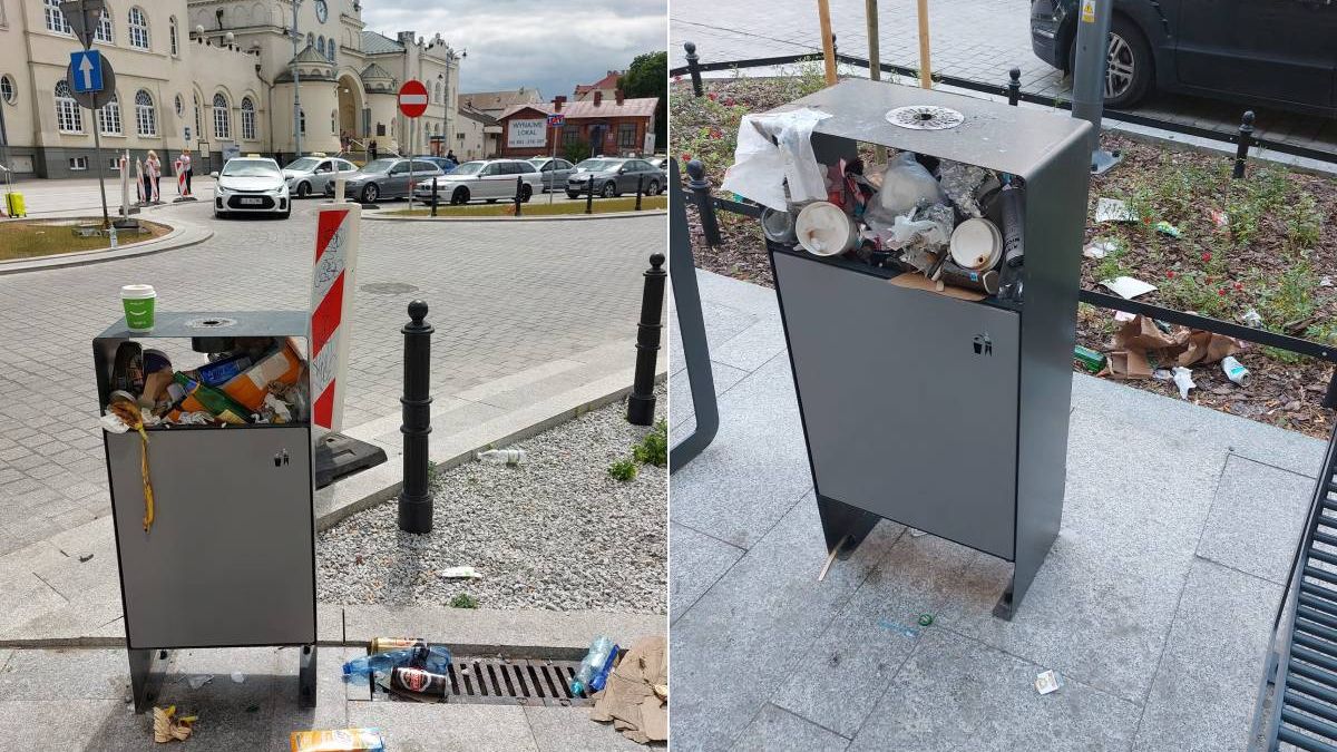 Przepełnione kosze i zalegające śmieci na ul. 1 Maja