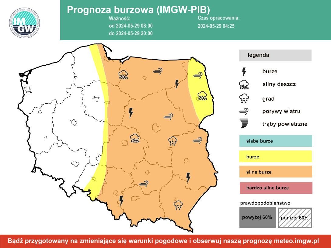 Prognoza burzowa IMGW na środę, 29 maja 2024