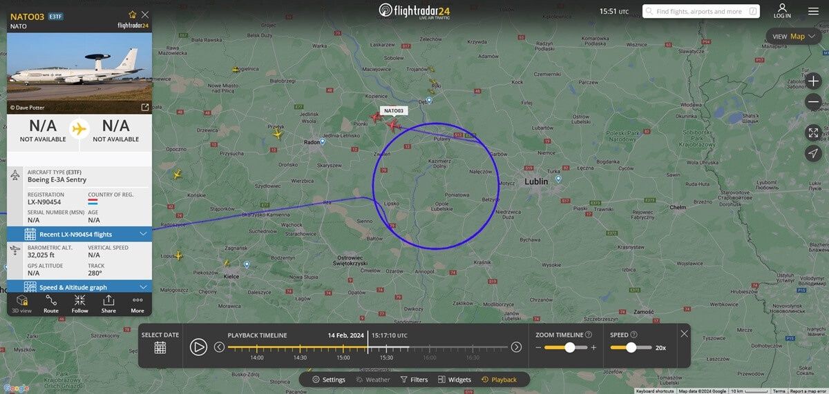 Lot amerykańskiego Boeinga E-3A Sentry nad województwem lubelskim w środę 14 lutego 2024