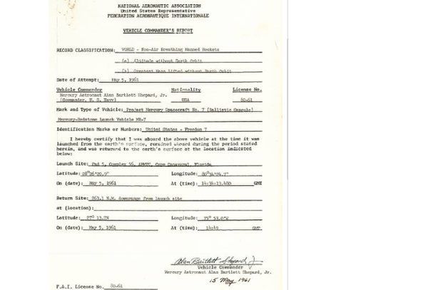 Dokument potwierdzający udaną podróż Alana Sheparda w kosmos