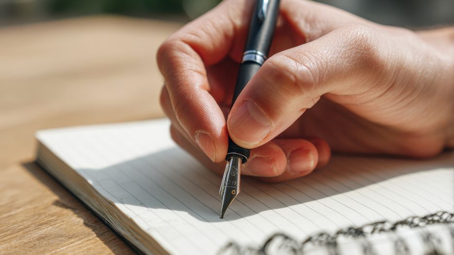 Writer using fountain pen writing notes in notebook on wooden tableClose-up of hand writing in spiral notebook with fountain pen on wooden deskwriting, hand, pen, notebook, fountain pen, note, notepad, paper, desk, table, wood, wooden, writer, author, student, studying, work, working, office, business, education, learning, write, text, document, diary, journal, story, poetry, letter, calligraphy, handwriting, close up, detail, indoors, sunlight, shadow, blank, empty, page, spiral, bound, writing, hand, pen, notebook, fountain pen, note, notepad, paper, desk, table, wood, wooden, writer, author, student, studying, work, working, office, business, education, learning, write, text, document, diary, journal, story, poetry, letter, calligraphy, handwriting, close up, detail, indoors, sunlight, shadow, blank, empty, page, spiral, bound