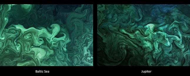 Plankton na morzu Bałtyckim (fot: NASA OBPG OB.DAAC/GSFC/Aqua/MODIS Gerald Eichstädt) i chmury na Jowiszu zdjęcia z sondy Juno (fot: NASA/JPL/SwRI/MSSS przetworzone przez Gerald Eichstädt)