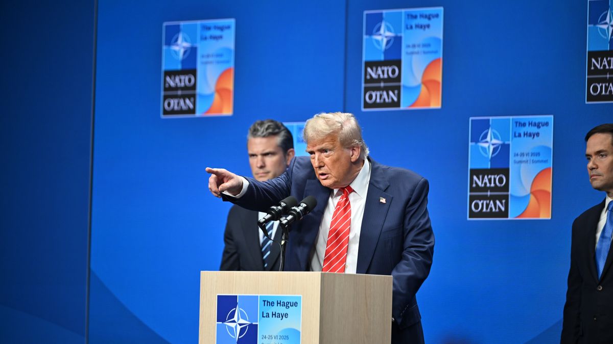 THE HAGUE, NETHERLANDS - JUNE 25: US President Donald Trump holds a press conference following the NATO Heads of State and Government Summit in The Hague, Netherlands on June 25, 2025. (Photo by Dursun Aydemir/Anadolu via Getty Images)