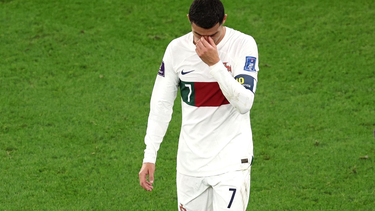 DOHA, QATAR - DECEMBER 10: Cristiano Ronaldo of Portugal walks off the pitch after the team's defeat during the FIFA World Cup Qatar 2022 quarter final match between Morocco and Portugal at Al Thumama Stadium on December 10, 2022 in Doha, Qatar. (Photo by Alexander Hassenstein/Getty Images)
