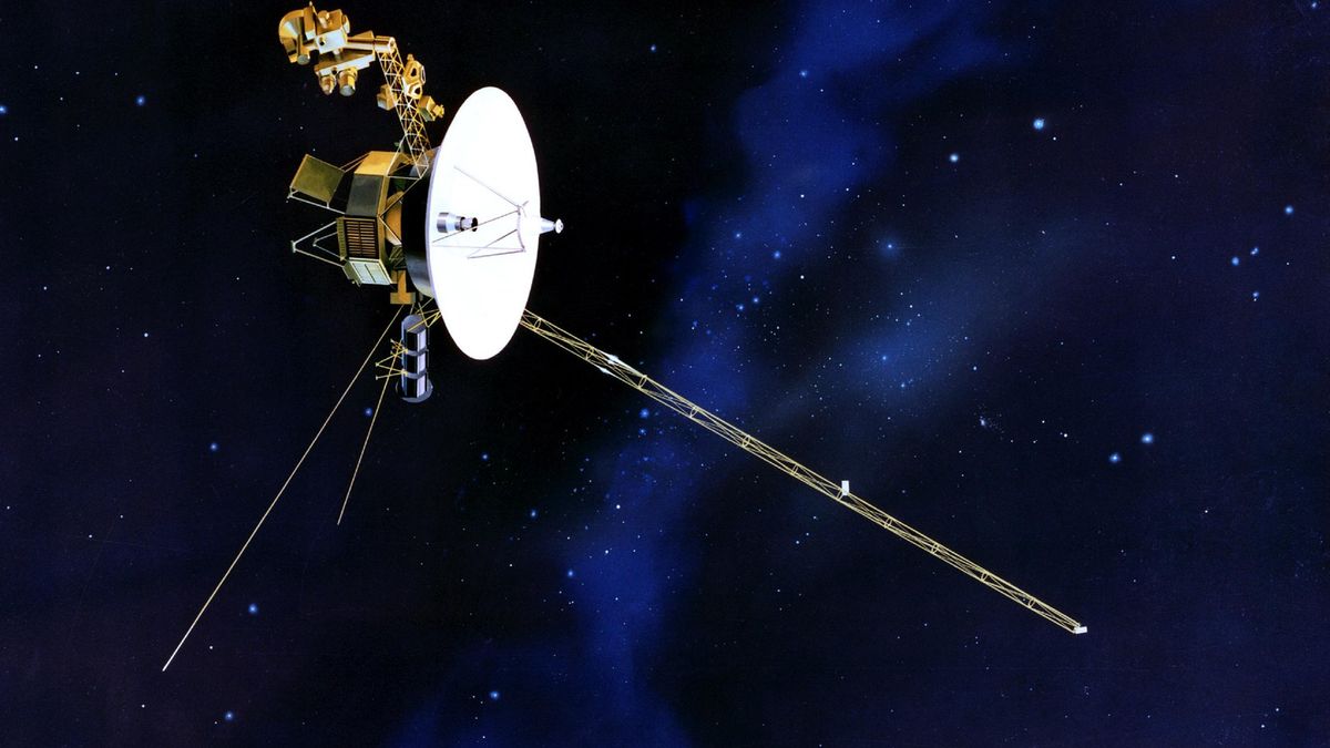 Wizualizacja sondy Voyager 1 w przestrzeni kosmicznej.