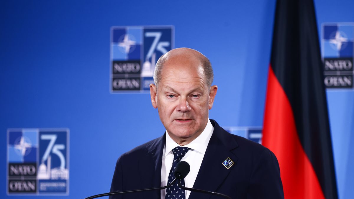 Chancellor of Germany Olaf Scholz attends a press conference during the 75th NATO Summit in the Walter E. Washington Convention Center in Washington, DC, on July 11, 2024. (Photo by Beata Zawrzel/NurPhoto via Getty Images)