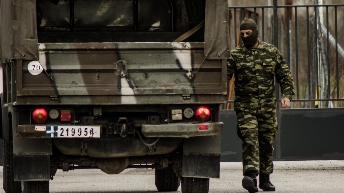 Greek military are seen patrolling along the Greece border with Turkey at Kastanies border crossing point on March 09, 2020. Refugees from Syria but mostly migrants from Afghanistan and some Northern African countries have been flocking to the Turkish Greece Border near Edirne for a week now. The reason - Turkey said that it will open its borders to EU seeking help for the migrant crisis and the war with Syria. More than 100 000 people have tried to cross the border at Pazarkule -Kastanies, or through the river Maritsa. There are children stranded in the no man's land, Kastanies, Greece, March 9 2020 (Photo by Hristo Rusev/NurPhoto via Getty Images)