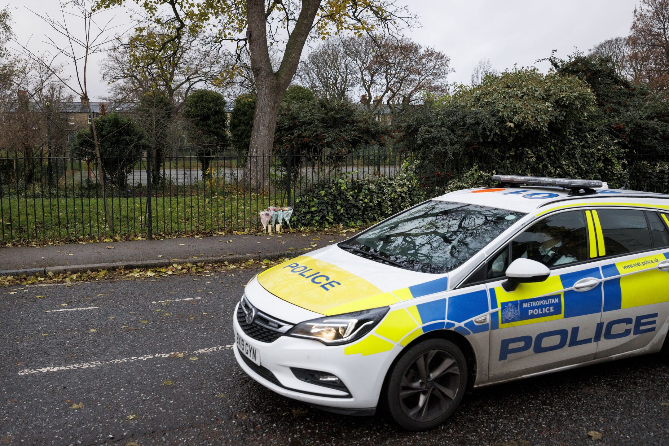 LONDON, ENGLAND - DECEMBER 13: A police car on patrol drives past Brunswick Park on December 13, 2021 in the Camberwell area of London, England. Petra Srncova, whose body was found in the park yesterday morning, was last seen two weeks ago, taking a bus on November 28. She was reported missing on December 3 by a concerned colleague at Evelina London Children's Hospital. (Photo by Rob Pinney/Getty Images)