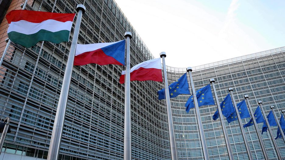 BRUSSELS, BELGIUM - SEPTEMBER 24: Flags of Hungary, Czechia, Poland and European Union are seen ahead of European Commission President Ursula Von Der Leyen's meeting with Hungary Prime Minister Viktor Orban, Prime Minister of the Czech Republic Andrej Babis and Prime Minister of Poland Mateusz Morawiecki in Brussels, Belgium on September 24, 2020. (Photo by Dursun Aydemir/Anadolu Agency via Getty Images)