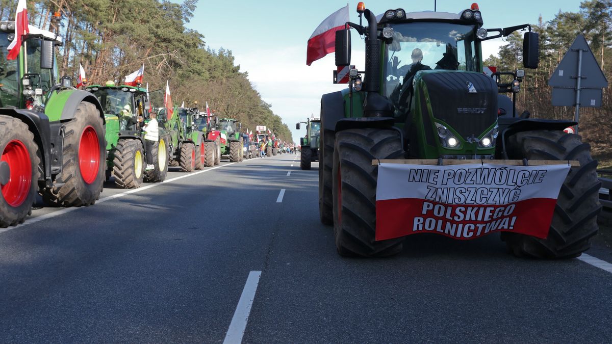 Świecko, 25.02.2024. Protest rolników � blokada dojazdu do terminalu odpraw celnych na polsko-niemieckiej granicy w Świecku, 25 bm. Powodem protestów rolników w całej Polsce jest m.in. niedawna decyzja Komisji Europejskiej o przedłużeniu bezcłowego handlu z Ukrainą do 2025 roku, a także sprzeciw wobec prowadzonej przez Unię Europejską polityce Zielonego Ładu. (ad) PAP/Lech Muszyński