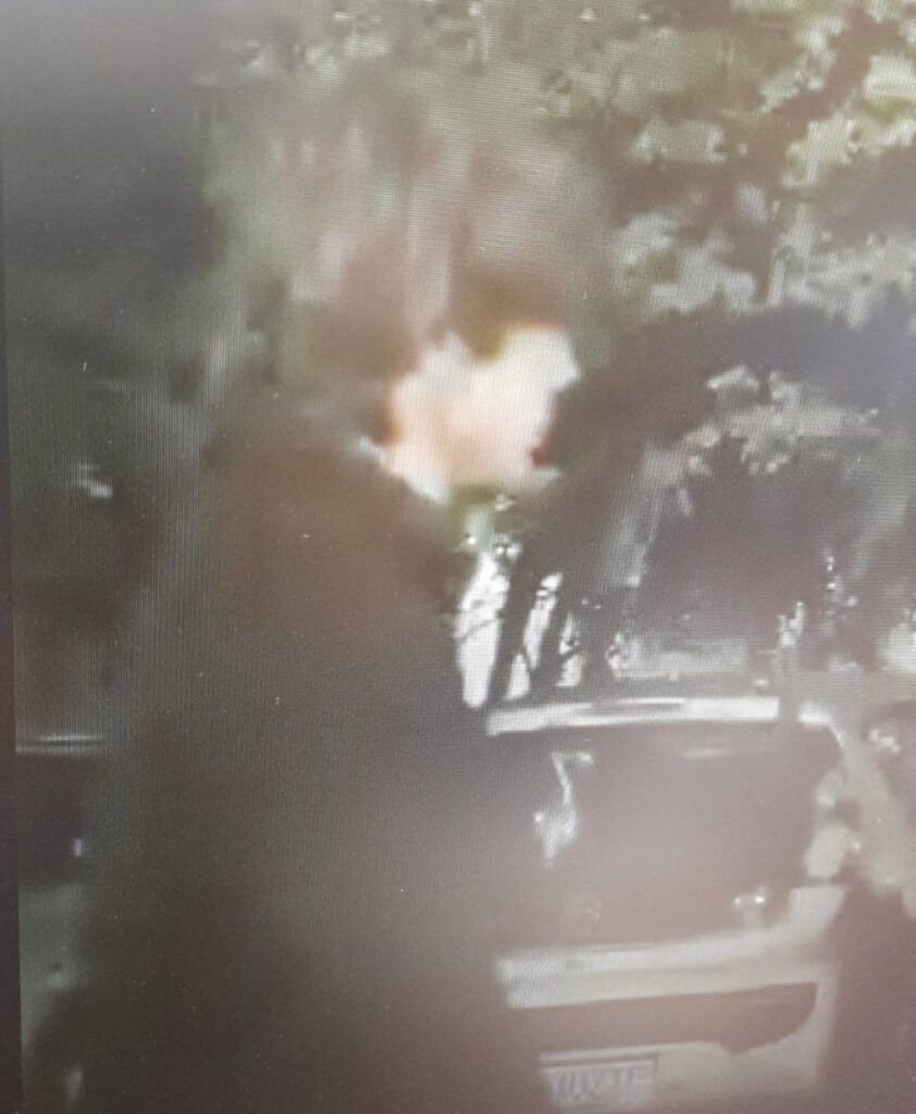 Młody mężczyzna w ciemnej odzieży idzie obok zaparkowanego samochodu w otoczeniu drzew.