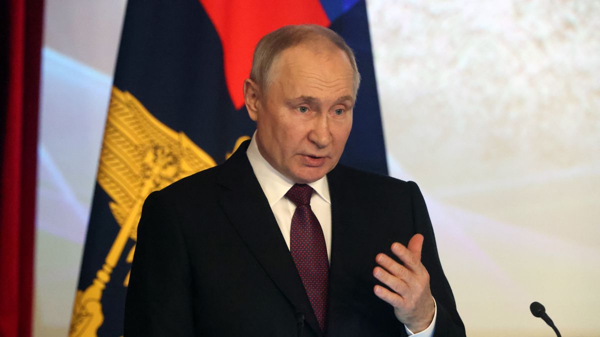 MOSCOW, RUSSIA - MARCH 20: (RUSSIA OUT) Russian President Vladimir Putin gestures during the Expanded Board Meeting at the Interior Ministry on March 20, 2023, in Moscow, Russia. Putin delivered an annual speech to top officers of the Interior Ministry and urged to stop illegal street actions and the spread of "extremist ideology". (Photo by Contributor/Getty Images)