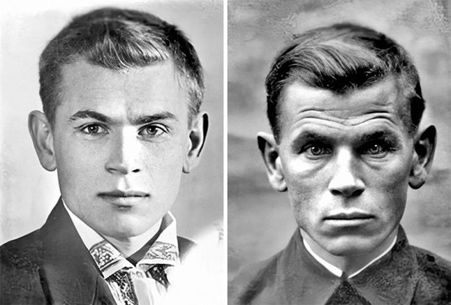 Jewgienij Stepanowicz Kobitew wyruszył na wojnę w 1941 roku i wrócił w 1945. Zdjęcie po lewej przedstawia go przed służba, po prawej po powrocie.