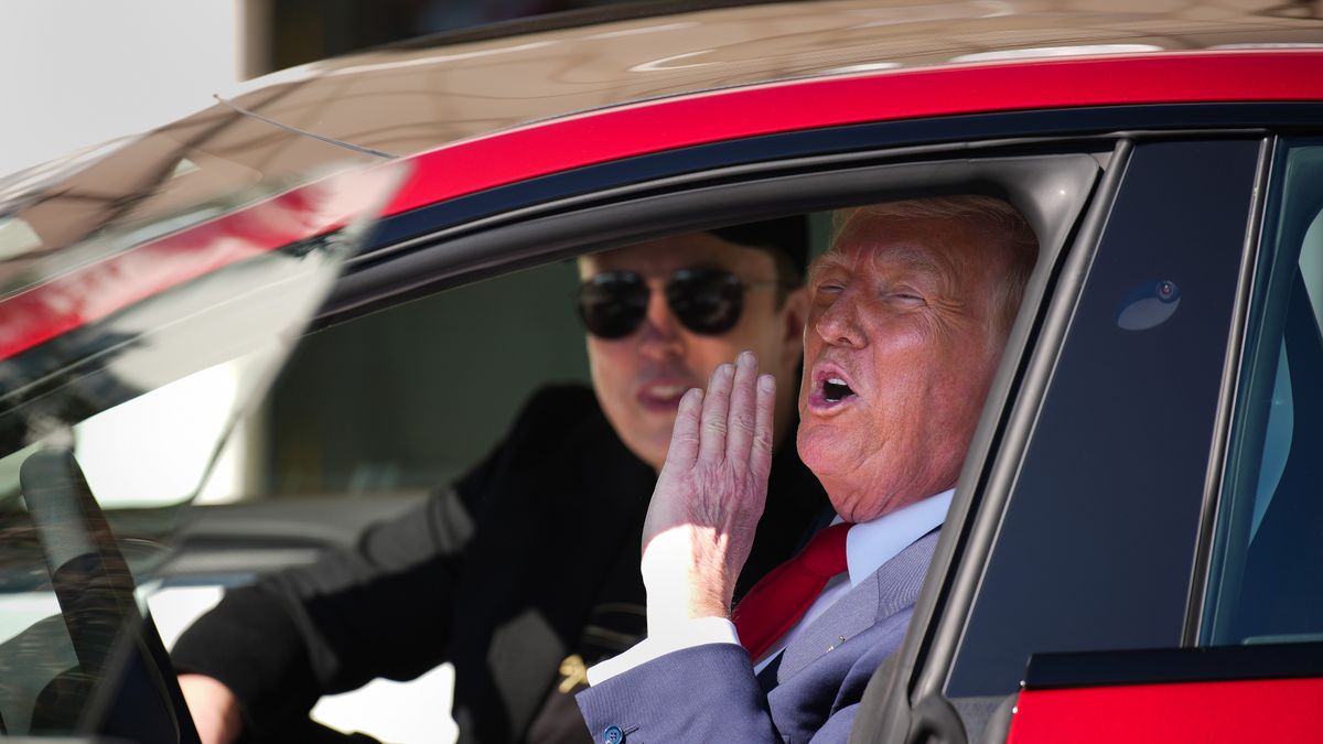 WASHINGTON, DC - MARCH 11: U.S. President Donald Trump and White House Senior Advisor, Tesla and SpaceX CEO Elon Musk sit in a Tesla Model S on the South Lawn of the White House on March 11, 2025 in Washington, DC. Trump spoke out against calls for a boycott of Elon Musk’s companies and said he would purchase a Tesla vehicle in what he calls a ‘show of confidence and support’ for Elon Musk. (Photo by Andrew Harnik/Getty Images)