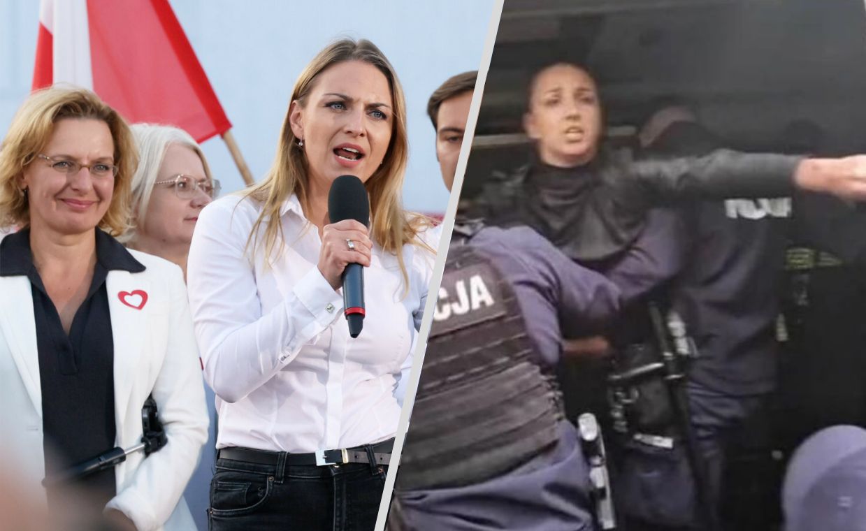 Kinga Gajewska podczas wciągania przez policjantów do radiowozu w Otwocku