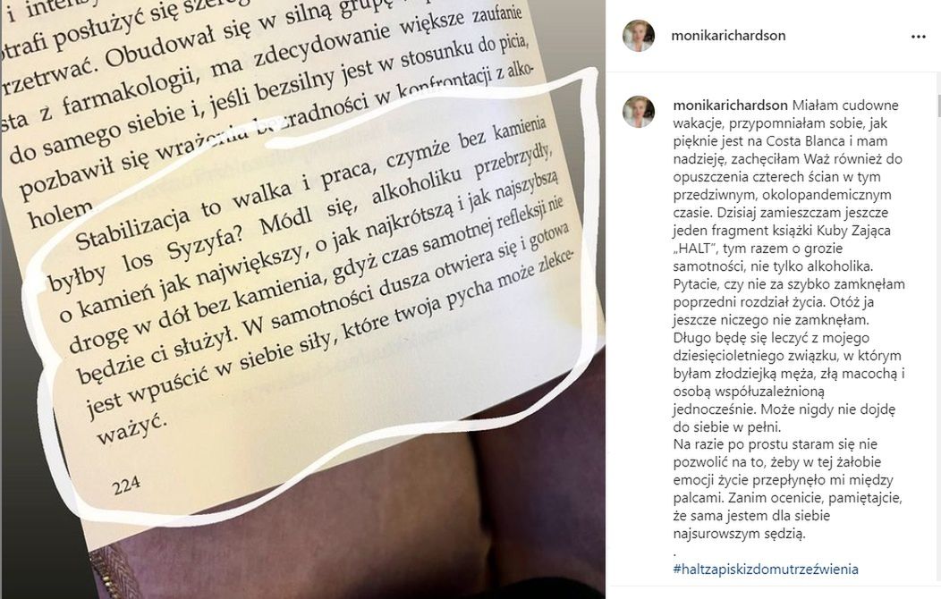 Monika Richardson zamieszcza fragment książki o alkoholizmie