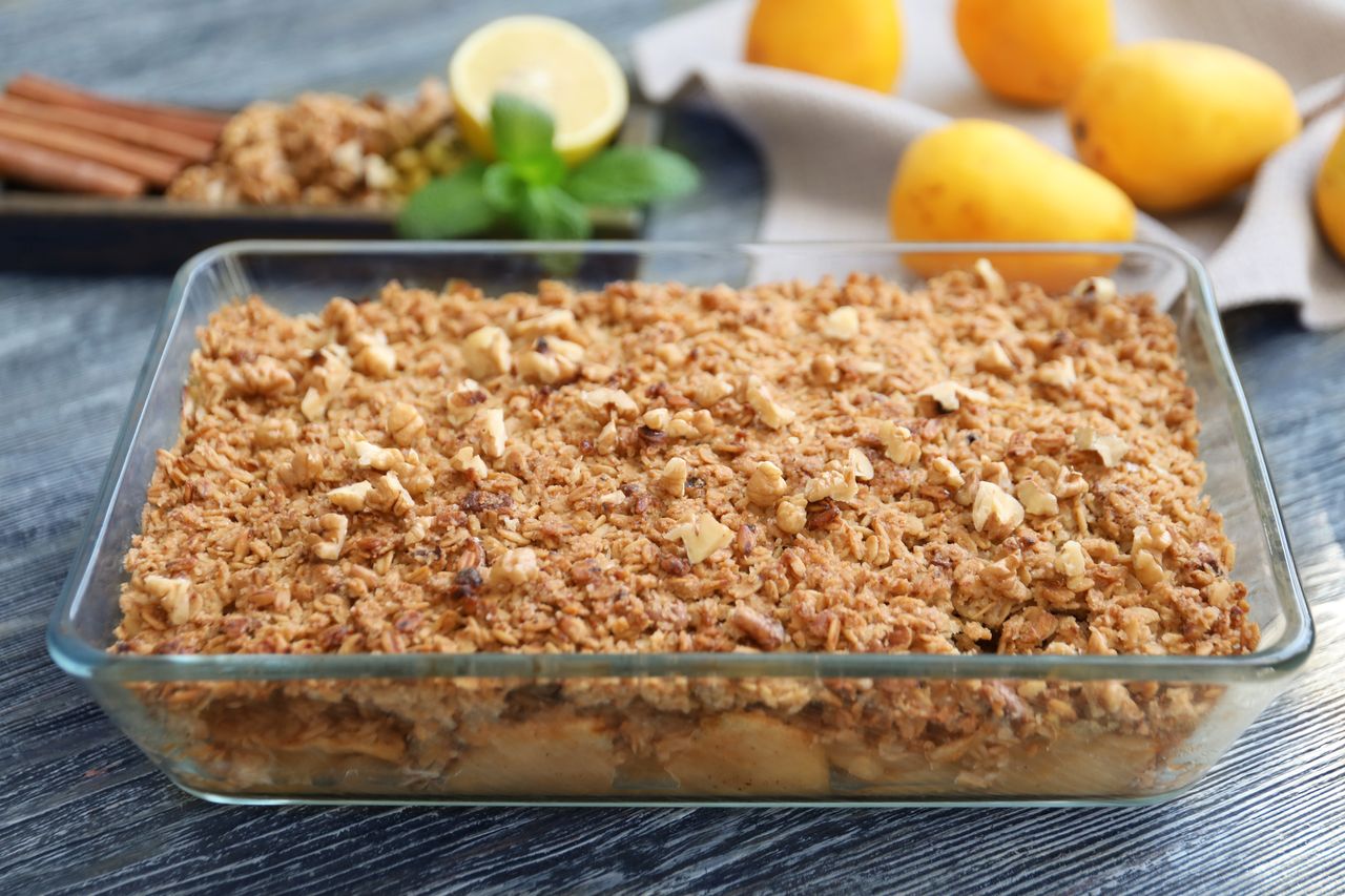 Apples under an oat crumble is a delicious dessert.