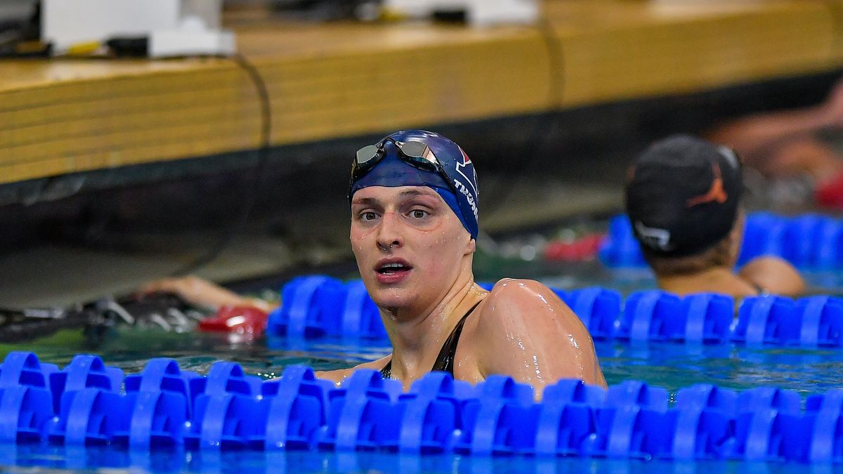 ATLANTA, GA - MARCH 18:  University of Pennsylvania swimmer Lia Thomas reacts after finishing fifth in the 200 Freestyle final during the NCAA Swimming and Diving Championships on March 18th, 2022 at the McAuley Aquatic Center in Atlanta Georgia.  (Photo by Rich von Biberstein/Icon Sportswire via Getty Images)