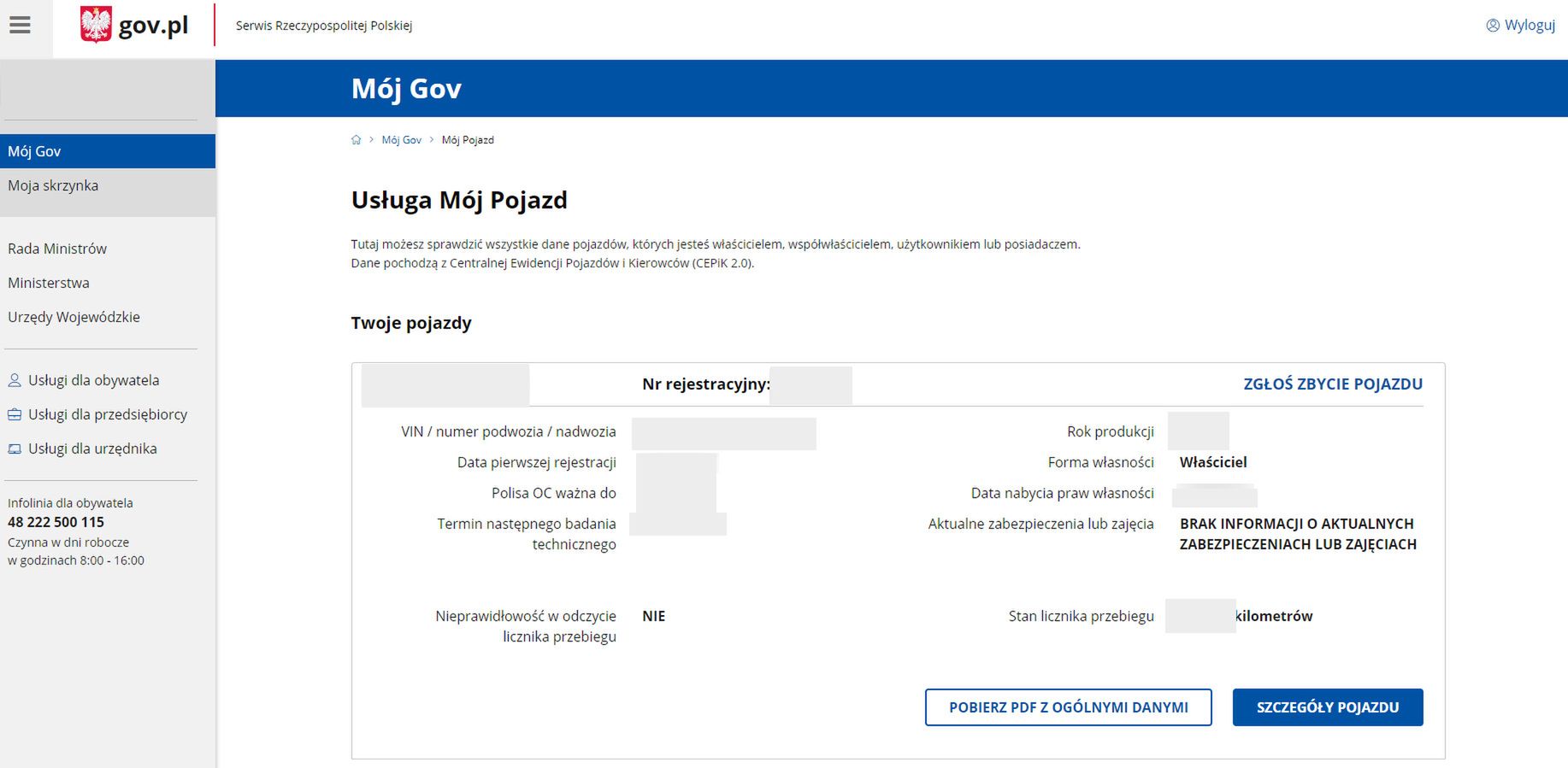 Stornia gov.pl po przejściu drogi od zakładki "Kierowcy i pojazdy"