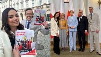 40 lat działalności ruchu Olimpiad Specjalnych Polska: Paulina Krupińska w białej marynarce, Agata Duda w błękitnym garniturze