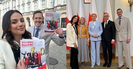 40 lat działalności ruchu Olimpiad Specjalnych Polska: Paulina Krupińska w białej marynarce, Agata Duda w błękitnym garniturze