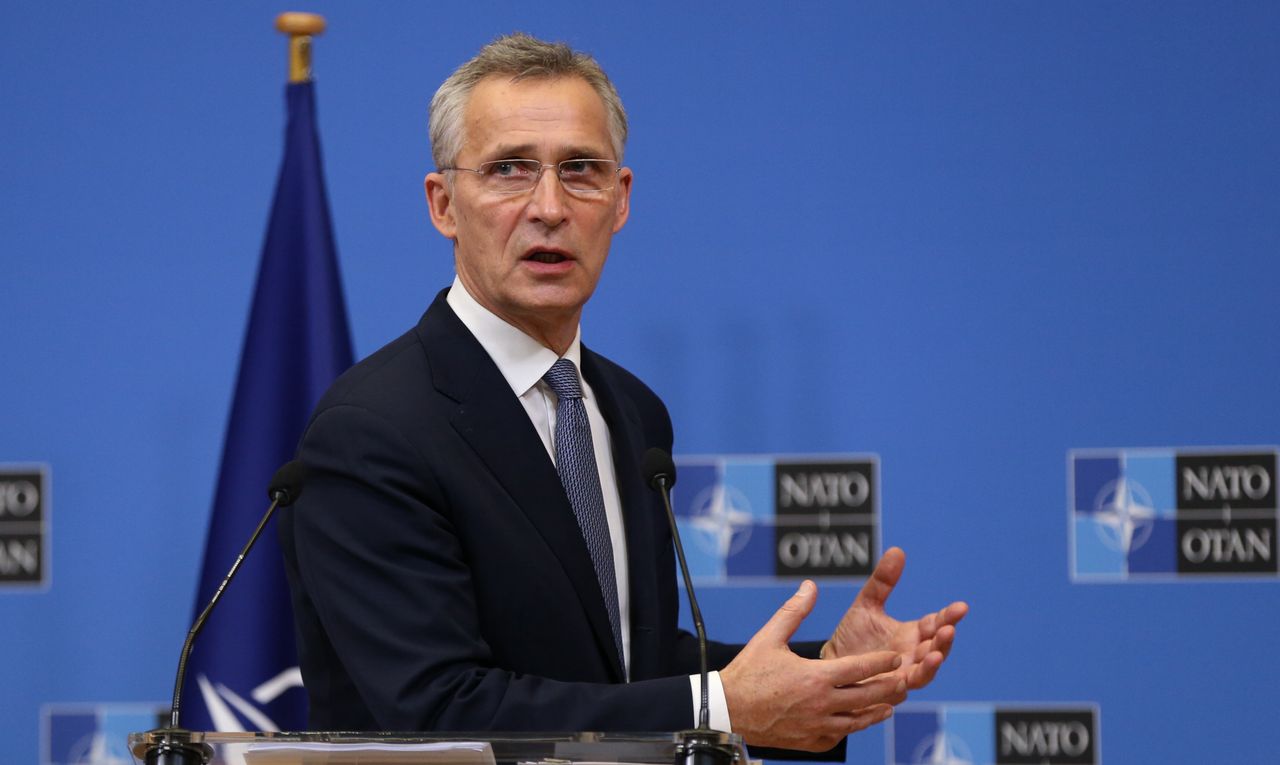 BRUSSELS, BELGIUM - DECEMBER 15: NATO Secretary General, Jens Stoltenberg and Prime Minister of Montenegro Zdravko Krivokapic (not seen) hold a joint press conference in Brussels, Belgium on December 15, 2020. (Photo by Dursun Aydemir/Anadolu Agency via Getty Images)